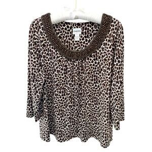 CHICO’S | Leopard Print Knit Top Beaded Scoop Neck 3/4 Sleeve | Size 2 Large